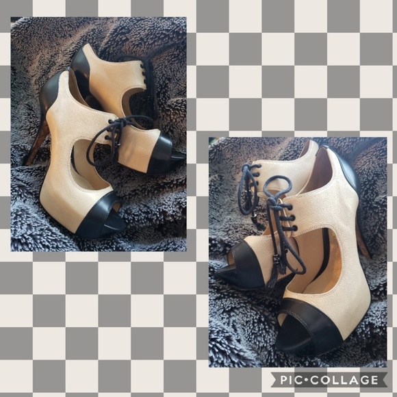 L.A.M.B Chiba Lace Front Black and Tan Peep Toe - Picture 2 of 8